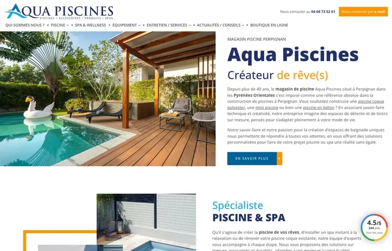 Page d'accueil du site de Aqua Piscines, pisciniste à Perpignan