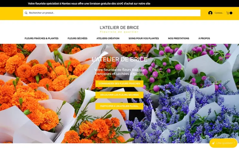Page d'accueil du site de L'Atelier de Brice, fleuriste à Nantes