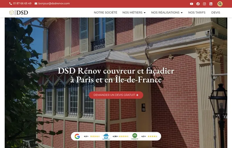 Page d'accueil du site de DSD Rénov, couvreur à Paris