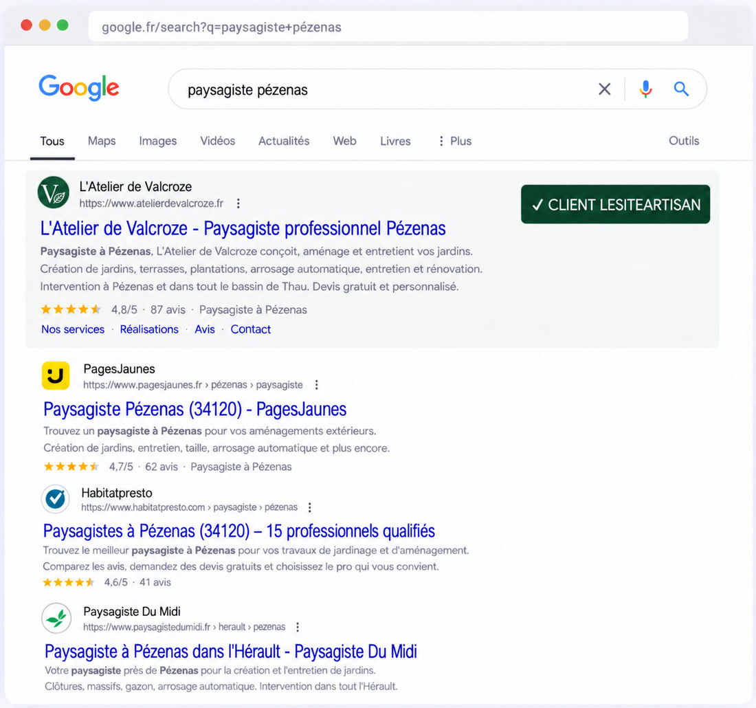 Résultats Google pour « paysagiste pézenas » : le site de L'Atelier de Valcroze sort en première position, au-dessus de PagesJaunes, Habitatpresto et Paysagiste Du Midi.