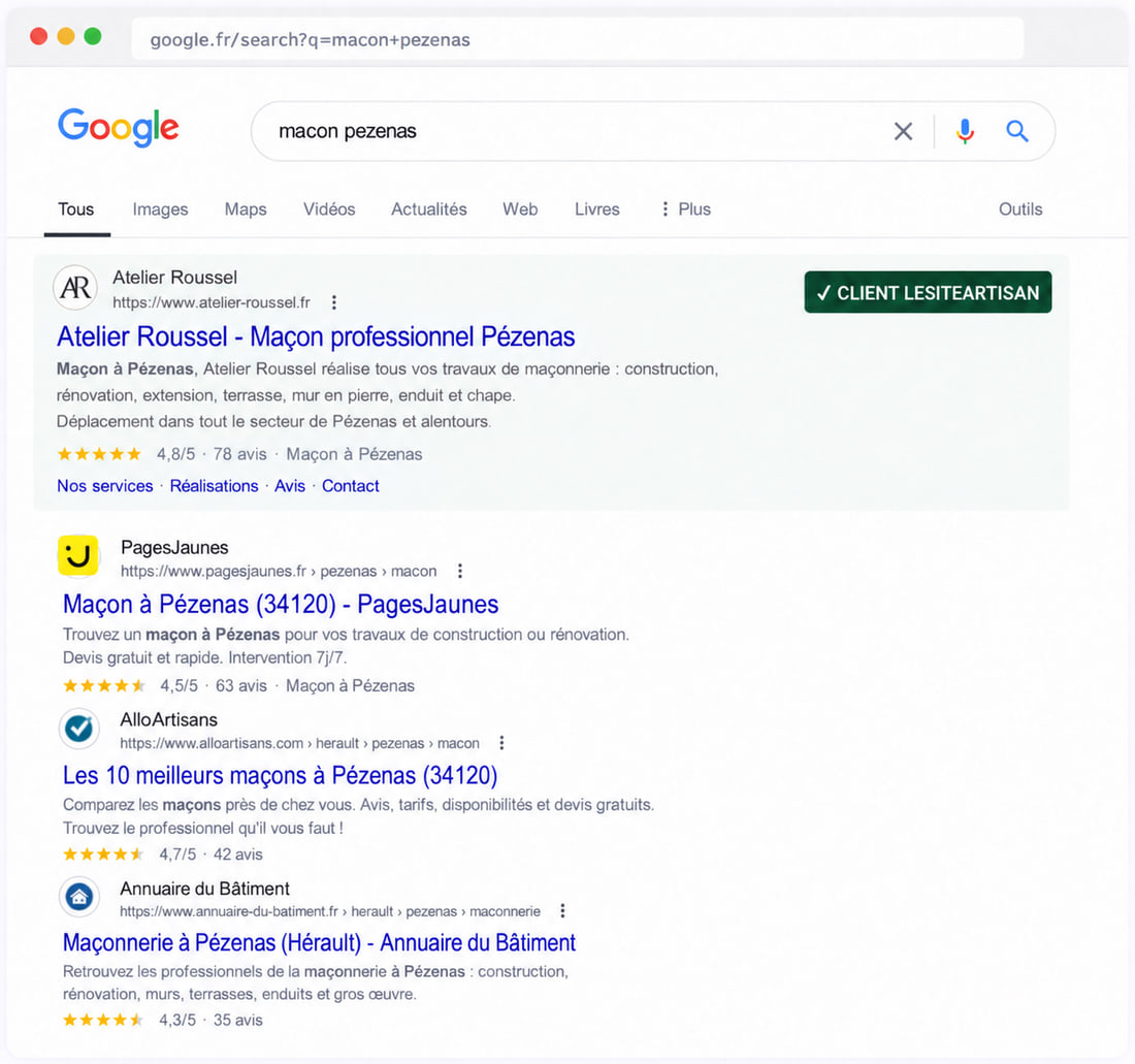 Résultats Google pour « maçon pézenas » : le site d'Atelier Roussel sort en première position, au-dessus de PagesJaunes, AlloArtisans et de l'Annuaire du Bâtiment.