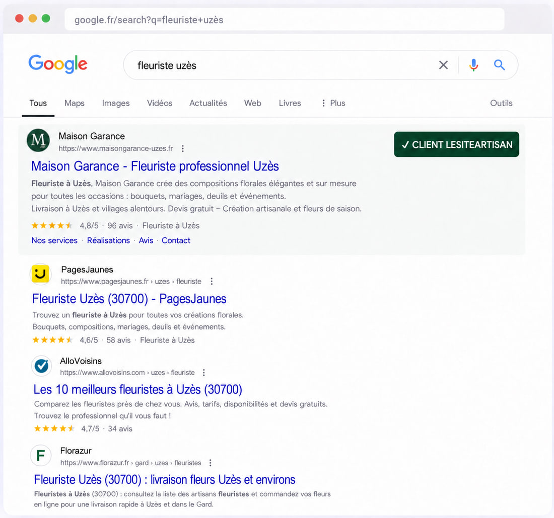 Résultats Google pour « fleuriste uzès » : le site de Maison Garance sort en première position, au-dessus de PagesJaunes, AlloVoisins et Florazur.