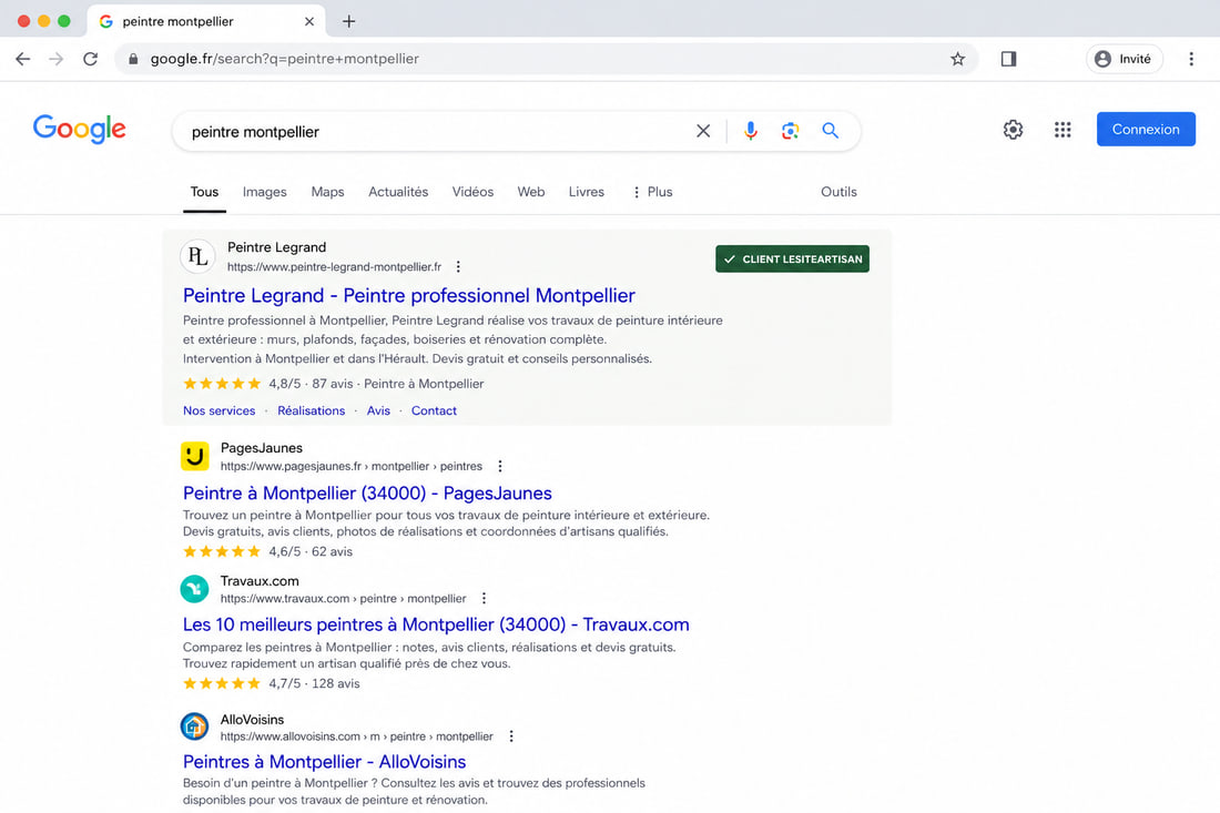 Résultats Google pour « peintre montpellier » : le site de Peintre Legrand sort en première position, au-dessus de PagesJaunes, Travaux.com et AlloVoisins.