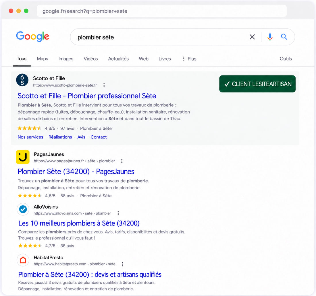 Résultats Google pour « plombier sète » : le site de Scotto et Fille sort en première position, au-dessus de PagesJaunes, AlloVoisins et HabitatPresto.